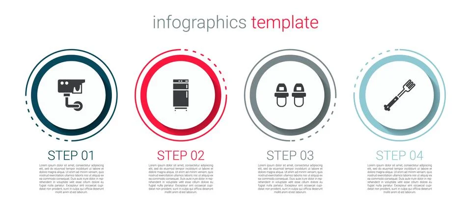 Set Security camera, Refrigerator, Hotel slippers and Fork. Business infographic Ilustração Stock