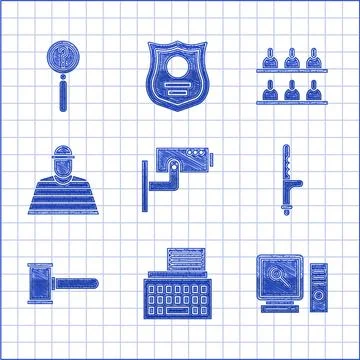 Set Security camera, Retro typewriter, Search on computer screen, Police rubber Ilustración de archivo