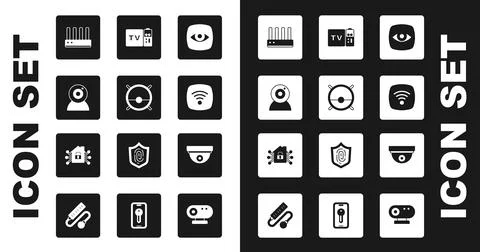 Set Security camera, Robot vacuum cleaner, Web, Router and wi-fi signal, Wi-Fi 스톡 일러스트