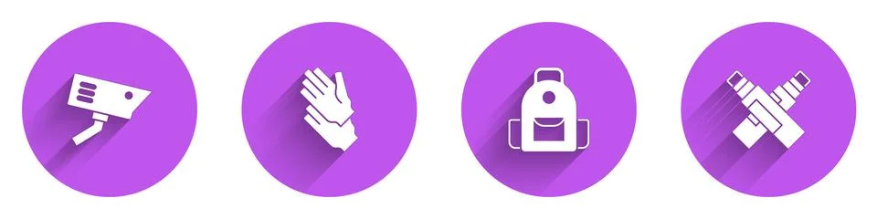 Set Security camera, Rubber gloves, School backpack and Marker pen icon with Stock Illustration