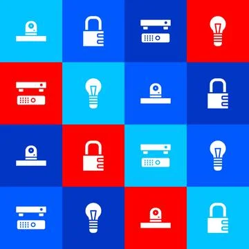 Set Security camera, Safe combination lock, Multimedia and TV box and Light bulb Stock Illustration