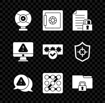 Set Security camera, Safe, Document and lock, Exclamation mark in triangle,.. Stock Illustration