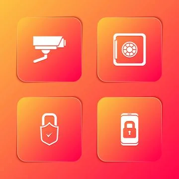 Set Security camera, Safe, Lock and check mark and Mobile with closed padlock Stock Illustration