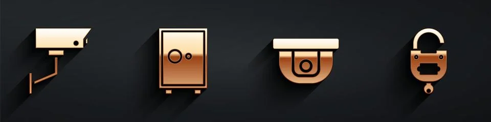 Set Security camera, Safe, Motion sensor and Lock and key icon with long shadow Stock Illustration