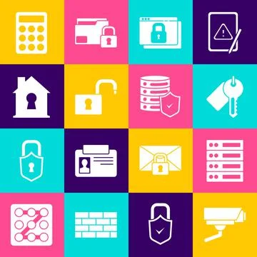 Set Security camera, Server, Data, Web Hosting, Marked key, Secure your site Stock Illustration