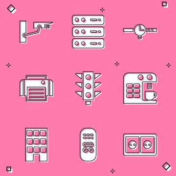 Set Security camera, Server, Data, Web Hosting, Wrist watch, Printer, Traffic Stock Illustration