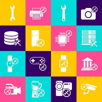 Set Security camera service, Bank building, Database server, Wrench Stock Illustration