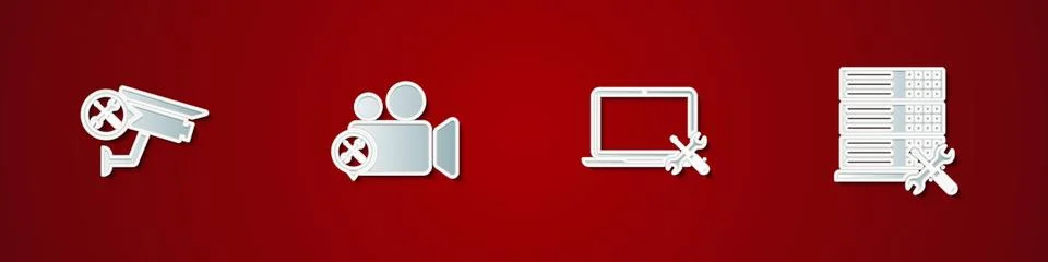 Set Security camera service, Video, Laptop and Database server icon. Vector Stock Illustration
