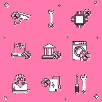 Set Security camera service, Wrench, Processor, Router wi-fi with, Bank building Stockillustratie