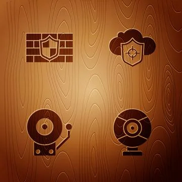 Set Security camera, Shield with brick wall, Ringing alarm bell and Cloud and Stock Illustration