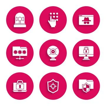 Set Security camera, Shield, Document folder protection, Lock monitor, Lapt.. Stock Illustration