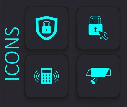 Set Security camera, Shield security with lock, Lock and keypad access panel 스톡 일러스트