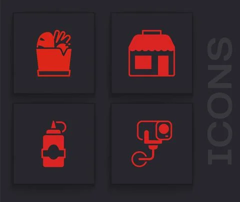 Set Security camera, Shopping bag and food, Market store and Sauce bottle icon Stock Illustration