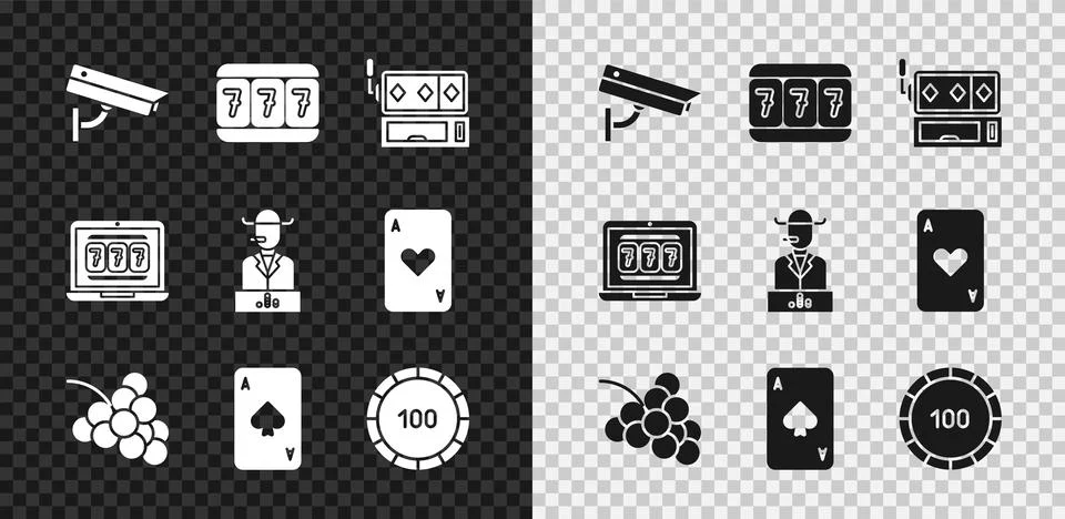 Set Security camera, Slot machine with lucky sevens, Casino slot grape, Playing Stock Illustration