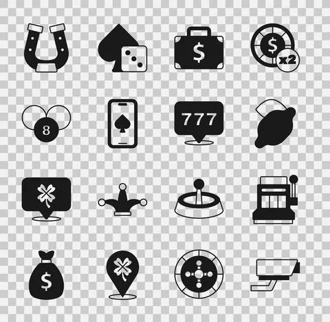 Set Security camera, Slot machine, Casino slot with lemon, Briefcase and money Stock-Illustration