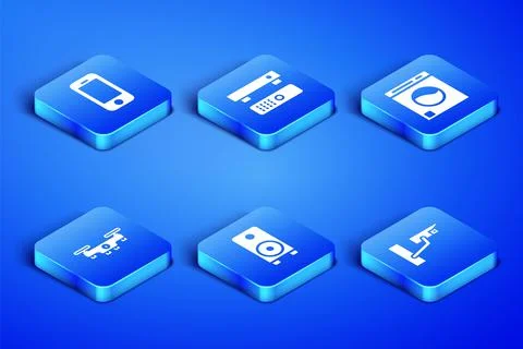 Set Security camera, Smartphone, Stereo speaker, Drone flying, Multimedia and TV Stock Illustration