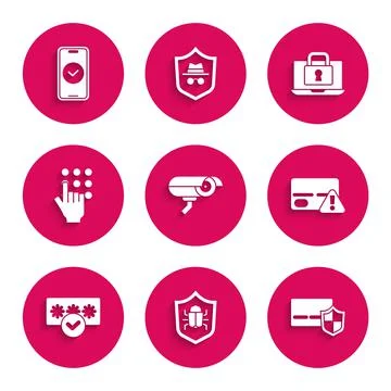 Set Security camera, System bug, Credit card with shield, Password protection Stock Illustration