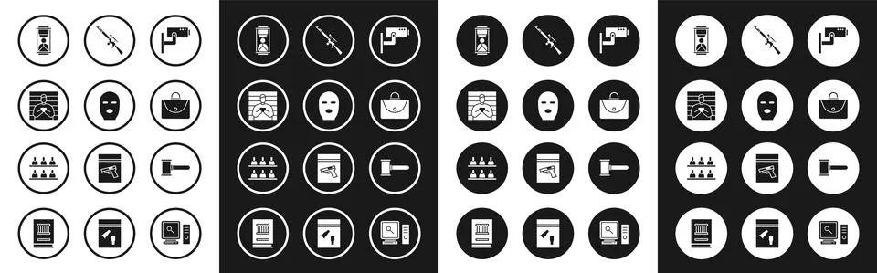 Set Security camera, Thief mask, Suspect criminal, Old hourglass with sand Stock Illustration