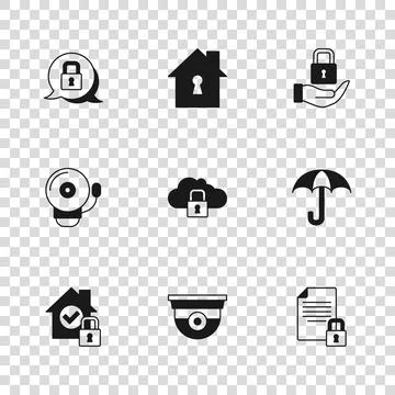 Set Security camera, Umbrella, Document and lock, Cloud computing, Lock, Ho.. Stock Illustration