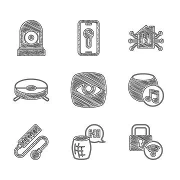 Set Security camera, Voice assistant, Digital door lock, Electric extension c Stock Illustration