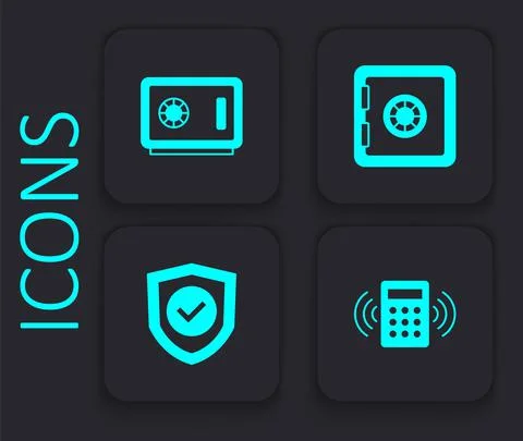 Set Security keypad access panel, Safe, and Shield with check mark icon. Black Stock Illustration