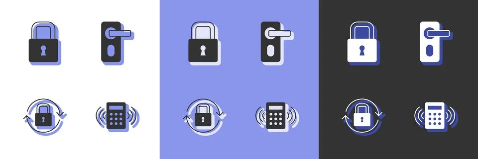 Set Security keypad access panel, Lock, and Fingerprint door lock icon. Vector Ilustración de archivo