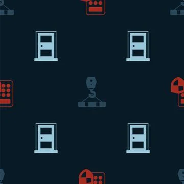 Set Security keypad access panel, Crane hook and Closed door on seamless pattern Stock Illustration