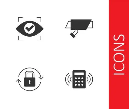 Set Security keypad access panel, Eye scan, Lock and camera icon. Vector 스톡 일러스트
