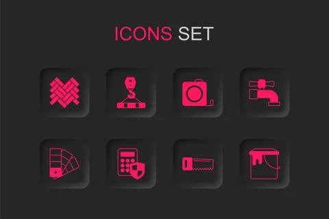 Set Security keypad access panel, Crane hook, Parquet, Hand saw, Water tap,.. 스톡 일러스트