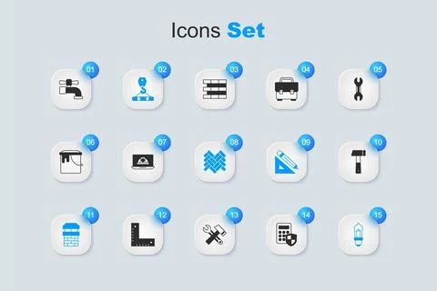 Set Security keypad access panel, Worker safety helmet, Crane hook, Chimney.. Ilustración de archivo
