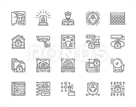 Set of Security Services Line Icons. Police, Protection, Cryptography and more. Stock Illustration
