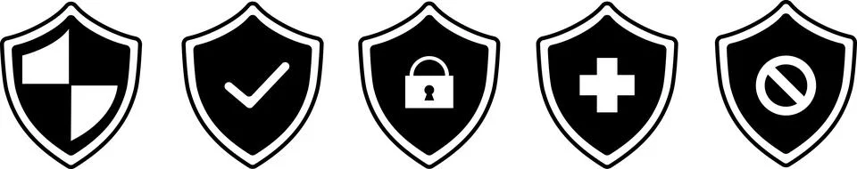 Set of Security Shields Icon Vector with Check mark Lock Medical Prohibited Illustrazione stock