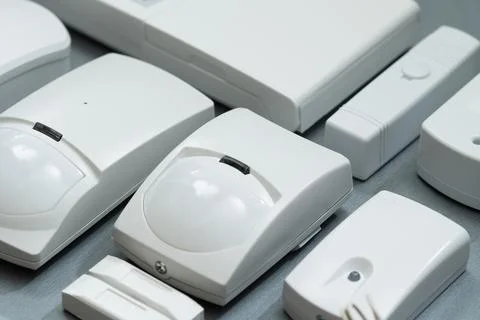Set of security systems for the house on a gray background close-up Stock Photos
