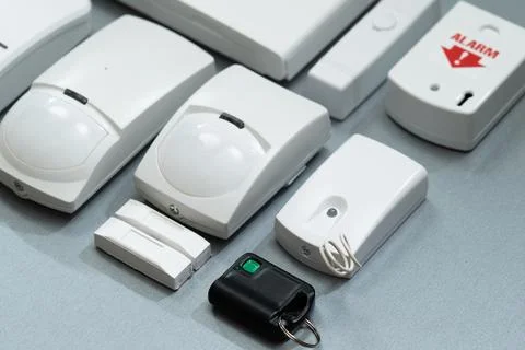Set of security systems for the house on a gray background close-up Stock Photos