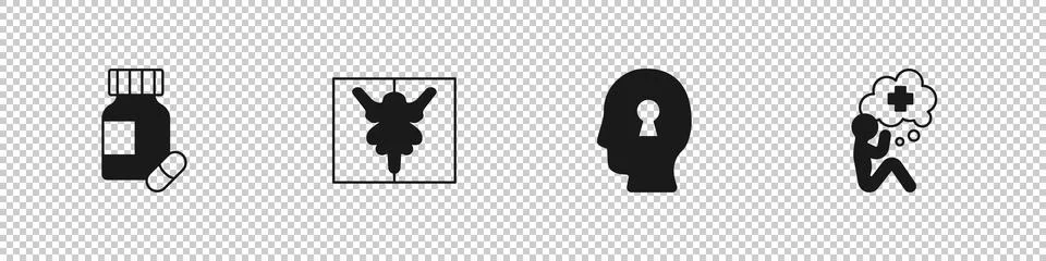 Set Sedative pills, Rorschach test, Solution to the problem and Helping hand Stock Illustration