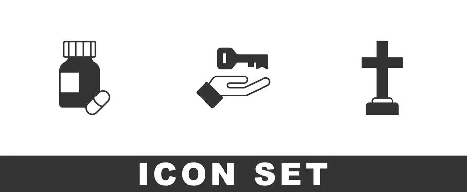Set Sedative pills, Solution to the problem and Graves funeral sorrow icon Stock Illustration
