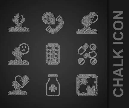 Set Sedative pills, Solution problem in psychology, Medicine or tablet, Broken Illustrazione stock