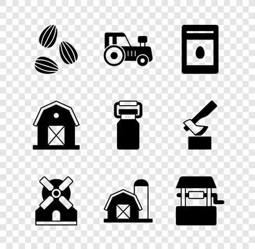 Set Seeds, Tractor, Pack full of seeds of plant, Windmill, Farm house, Well.. Stock Illustration