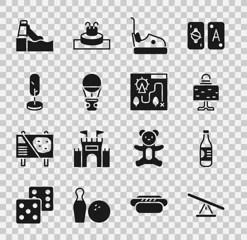 Set Seesaw, Bottle of water, Magic ball on table, Bumper car, Hot air balloon Stock Illustration
