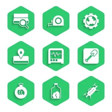 Set Seismograph, Ore mining, Drone, Shovel, Exhibition with minerals, rocks.. Stock Illustration