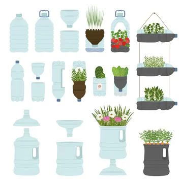 Set of self-watering plastic bottle planters on white background. Handmade .. Stock Illustration