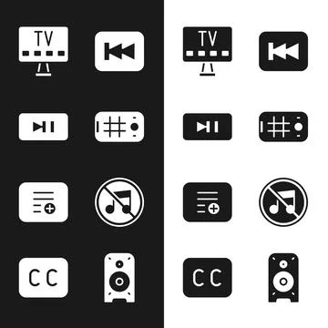 Set Selfie on mobile, Pause button, Smart Tv, Rewind, Add playlist, Speaker.. Illustrazione stock