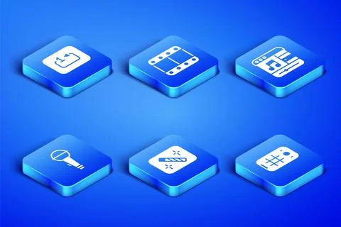 Set Selfie on mobile, Repeat track music player, Photo retouching, Microphone Stock Illustration