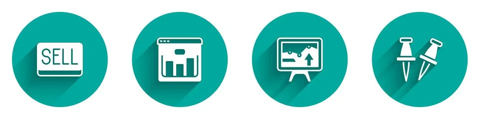 Set Sell button, Browser with stocks market, Monitor graph chart and Push pin Stock Illustration