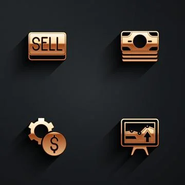 Set Sell button, Stacks paper money cash, Gear with dollar symbol and Monitor Illustrazione stock