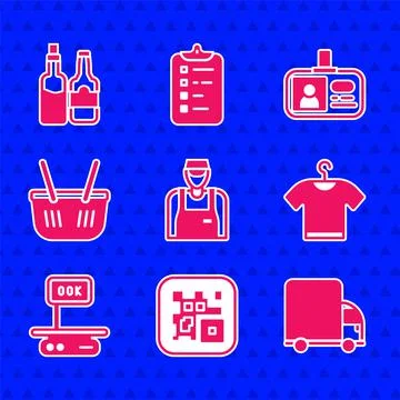 Set Seller, QR code, Delivery cargo truck, T-shirt, Electronic scales, Shopping Illustrazione stock