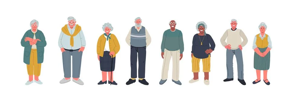 Set of senior character in flat design.Vector person on white background Stock Illustration