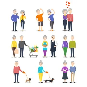 Set of senior people. Different activity: cooking, working, sport, shopping,  Stock Illustration