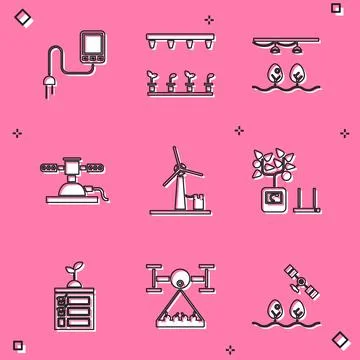 Set Sensor, Automatic irrigation sprinklers, Smart farm with bulb and plant,  Stock Illustration