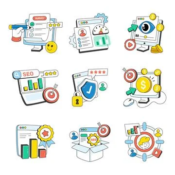 Set of Seo and Analytics Doodle Icons Stock Illustration